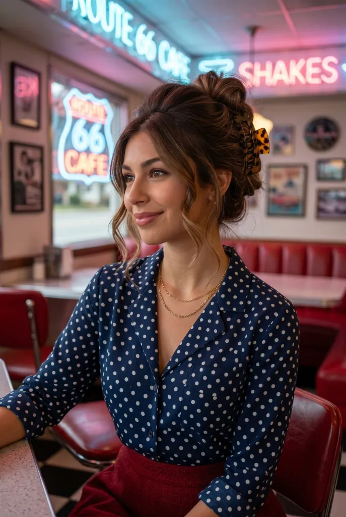 Messy claw clip updo with brunette hair gathered in a tortoiseshell clip, face-framing pieces, polka dot blouse in a retro Route 66 diner — playful vintage vibe
