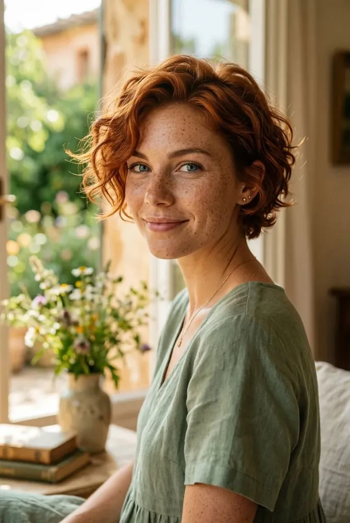 Short red-copper curly bob pixie with soft waves and freckles in a sunny cottage interior