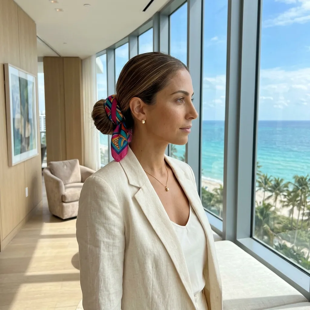 Silk scarf low bun — brunette hair in a sleek low bun with a colorful printed silk scarf tied around it, linen blazer, modern beachfront office interior