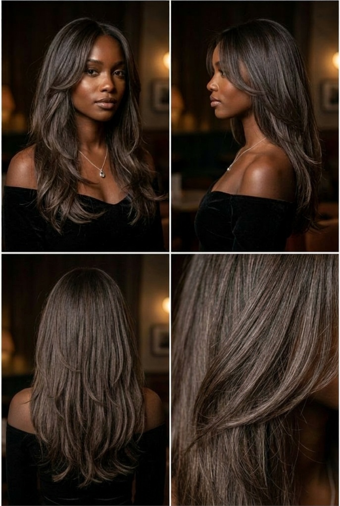 Four-angle view of long layered dark brunette hair with subtle highlights in warm candlelight — glamorous, rich, luxurious