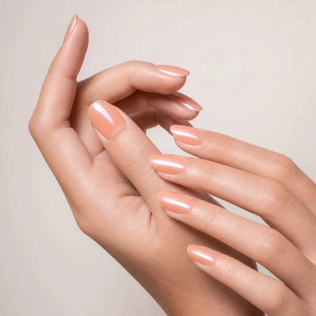 Glazed Peach nails for summer. Summer vibes nails 2026 with a soft chrome ombre finish.