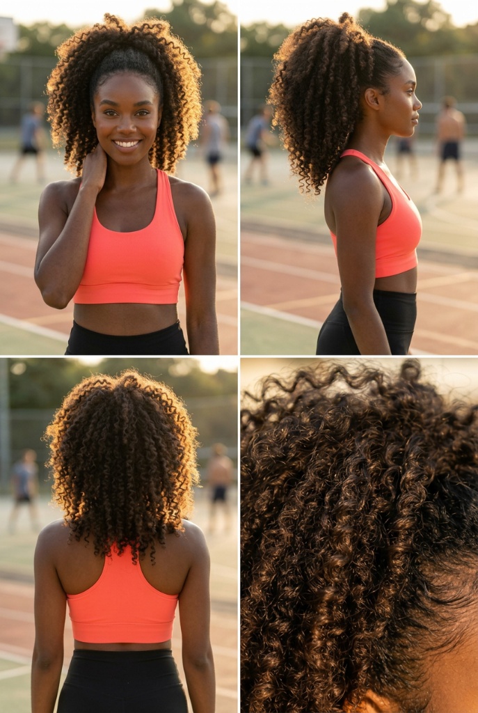 Curly pineapple puff ponytail from four angles, natural defined curls gathered high, coral sports bra and black leggings on a track field at golden hour