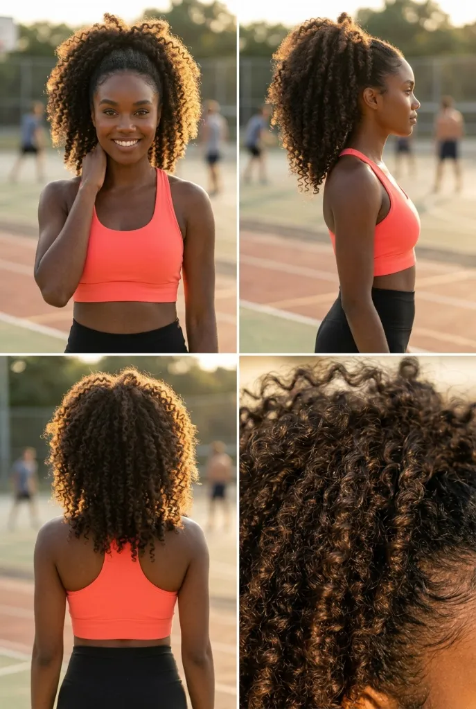 Curly pineapple puff ponytail from four angles, natural defined curls gathered high, coral sports bra and black leggings on a track field at golden hour