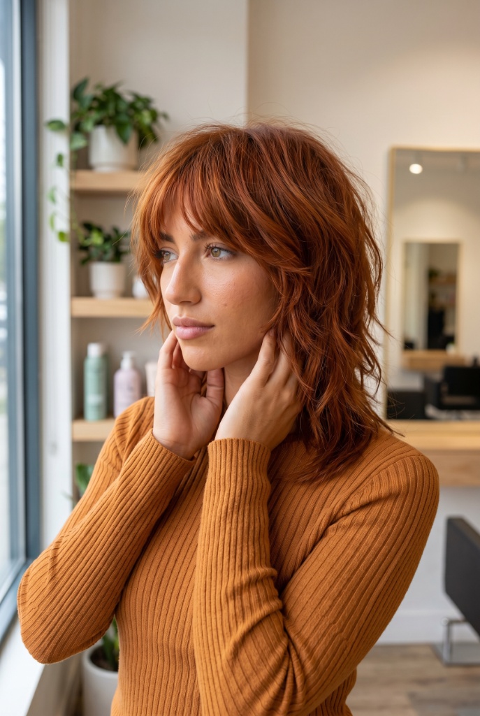 Spiced Copper Shag Hair Color 2026 Copper red shaggy medium-length hair with curtain bangs and textured layers