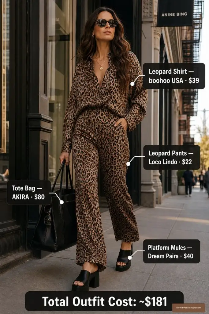 Full leopard print shirt and pants with platform mules