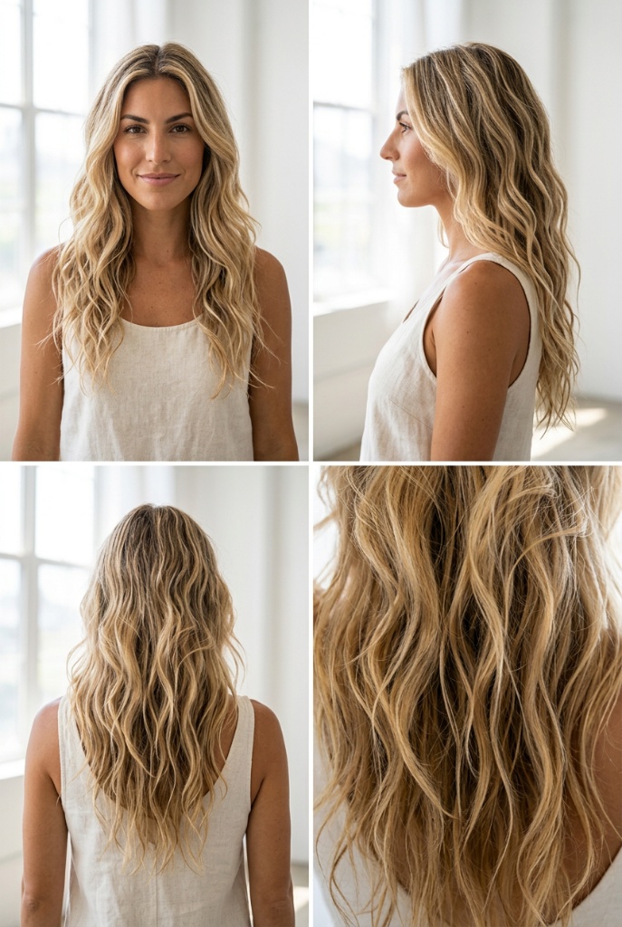 Four-angle view of long blonde beach waves with natural movement in a bright studio — effortless, sun-kissed, California cool