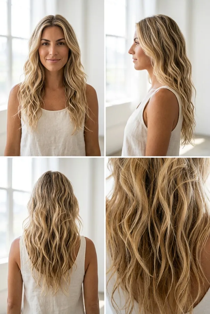 Four-angle view of long blonde beach waves with natural movement in a bright studio — effortless, sun-kissed, California cool