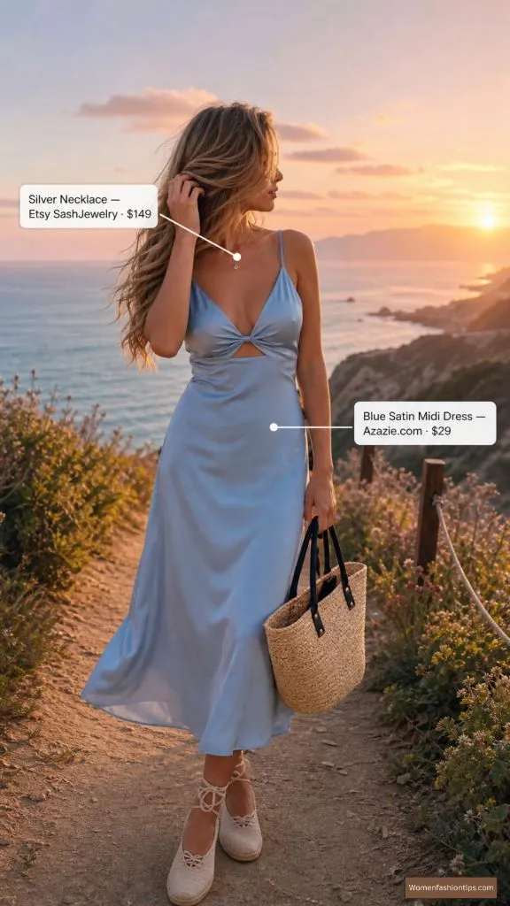 Blue Satin Midi Dress