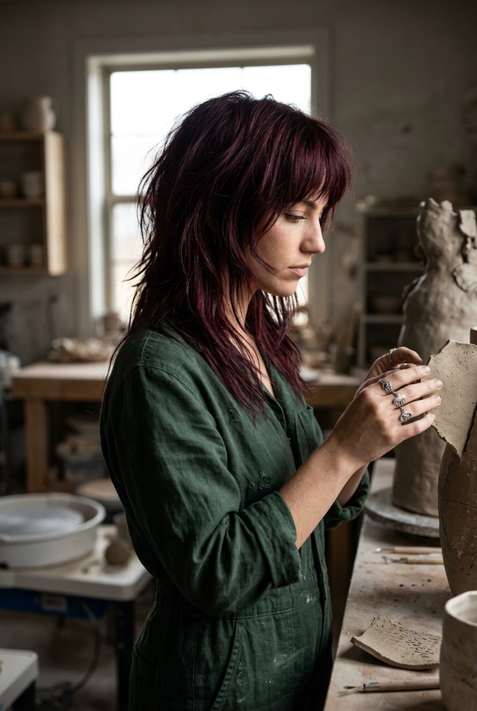 Plum Wolf Cut Shag 2026 Deep plum-burgundy wolf cut with shaggy layers on a woman working with pottery