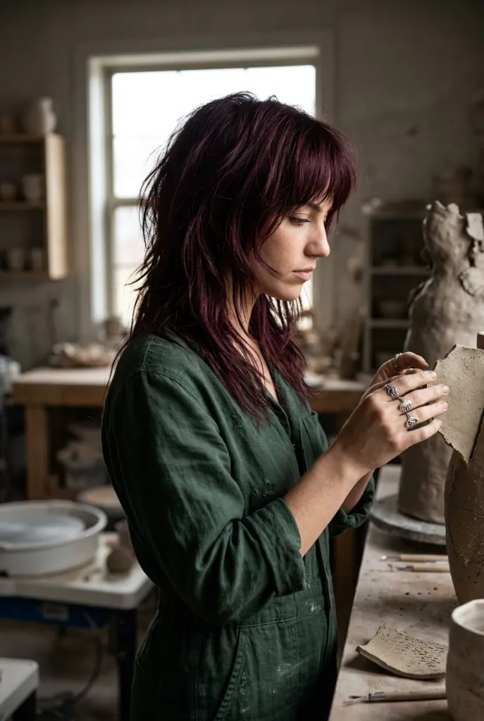 Deep plum-burgundy wolf cut with shaggy layers on a woman working with pottery