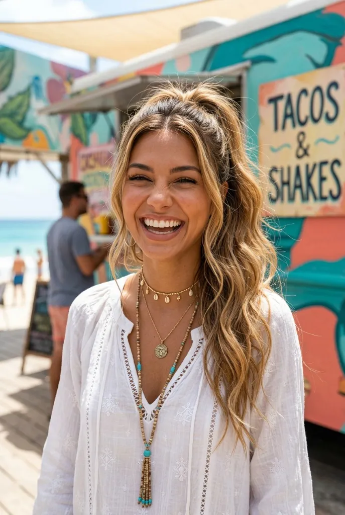 Beach waves half-up palm tree ponytail with blonde balayage highlights, loose textured waves framing the face, boho beach vibes