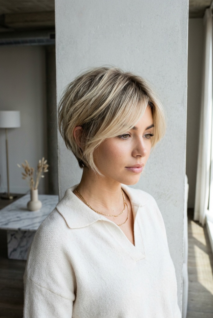 Short textured blonde crop with dark roots and piecey layers