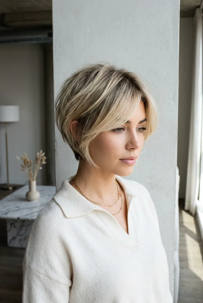 Short textured blonde crop with dark roots and piecey layers