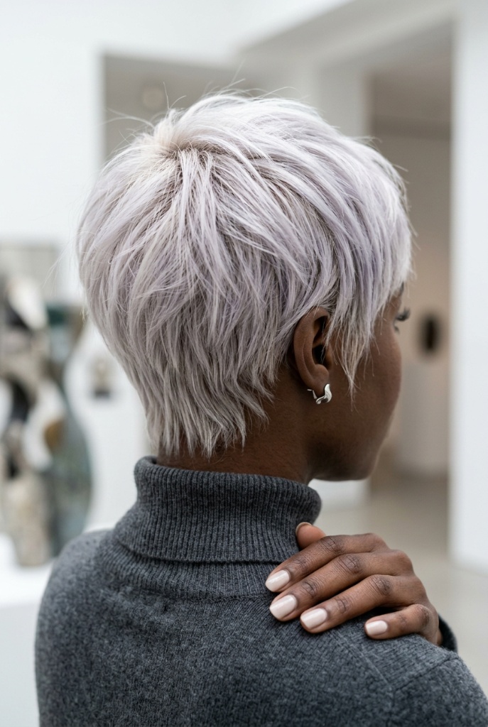 Back view of a short textured pixie cut in silver-lavender tones with a charcoal turtleneck in a modern gallery — artistic, cool, editorial