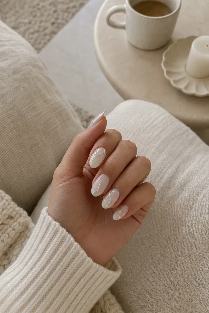 Pearl Swirl Whisper nails for summer. Summer vibes nails 2026 in milky white with delicate glitter swirls.