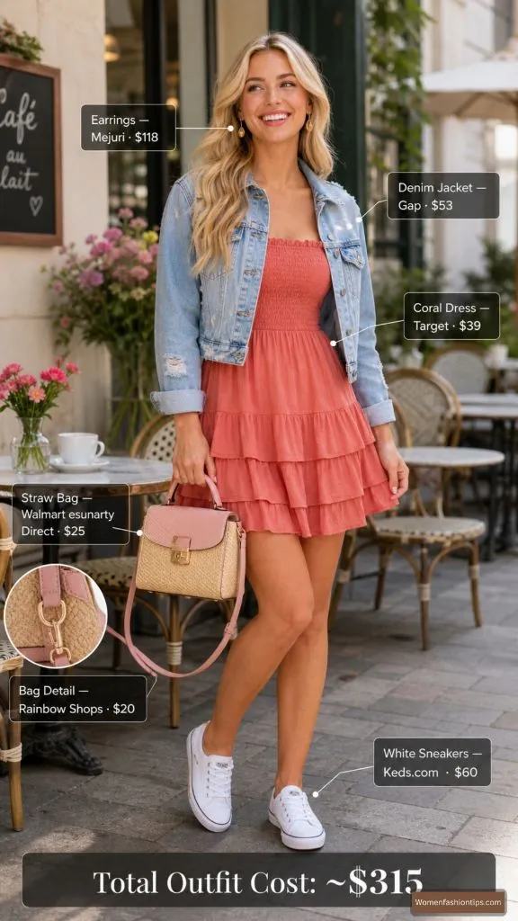 Coral Dress and Denim Jacket