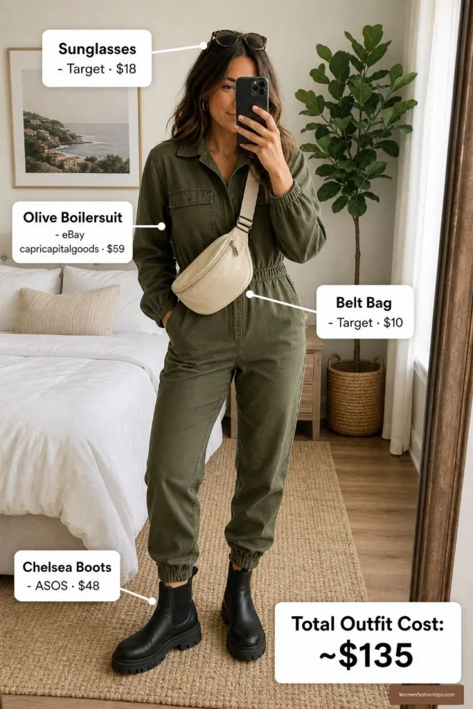 Olive Boilersuit with Chelsea Boots