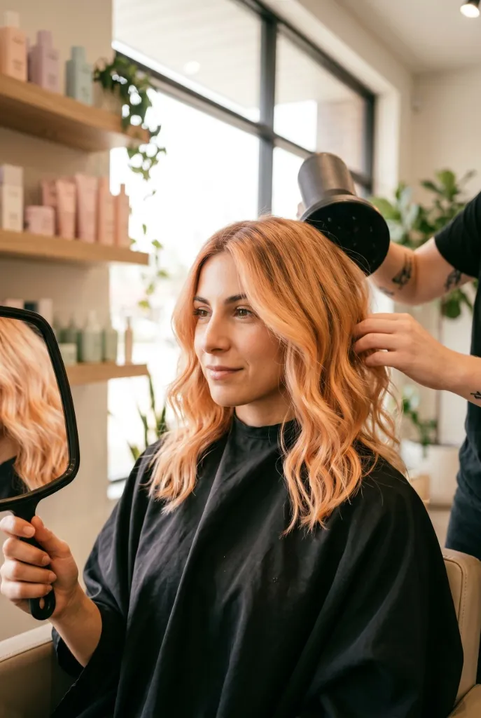 Peach Fuzz Wavy Hair Color Summer 2026 Woman with peach-toned strawberry blonde wavy hair being blow dried at salon