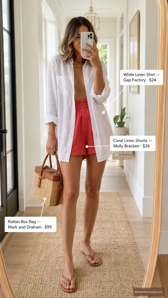 White Linen Shirt and Coral Shorts