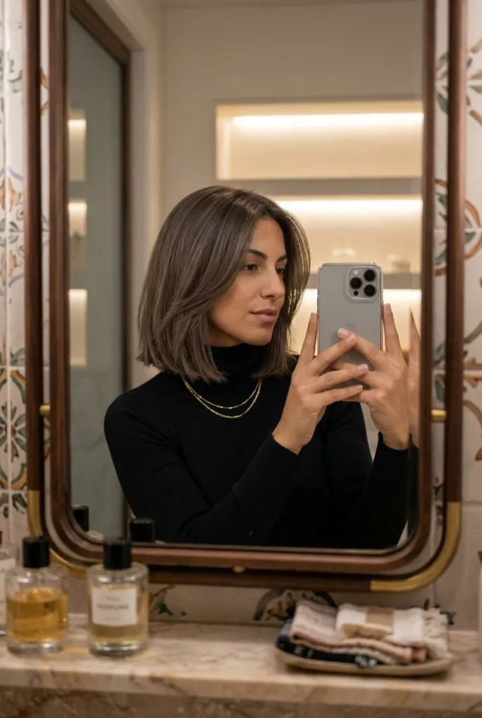 Chin-length brunette bob with soft movement, mirror selfie in elegant bathroom