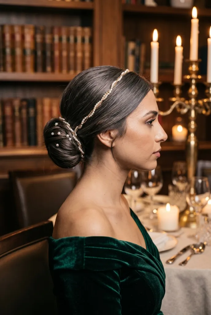 Formal low chignon with dark hair, pearl-studded hair chain draped across the bun, emerald green velvet off-shoulder dress, candlelit library setting — opulent regal vibe