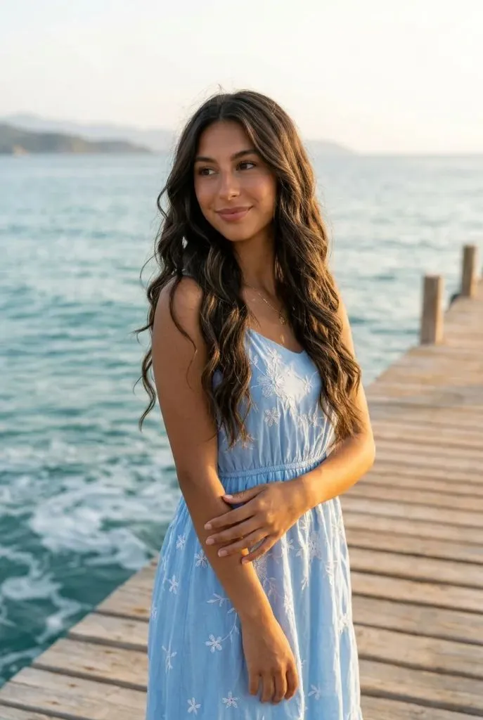 Effortless beachy waves on long brunette hair, light blue summer dress, wooden pier with ocean background — relaxed, sun-kissed, romantic
