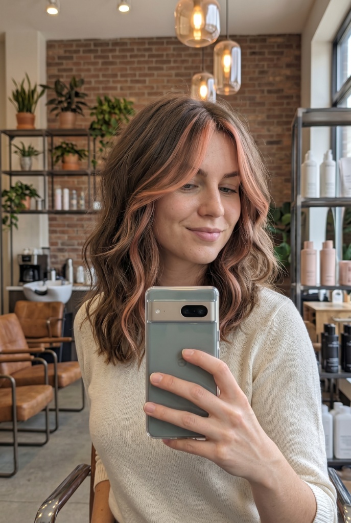 Rose Gold Highlights Brown Hair Summer 2026 Woman with brown hair and rose gold peach highlights taking mirror selfie in trendy salon
