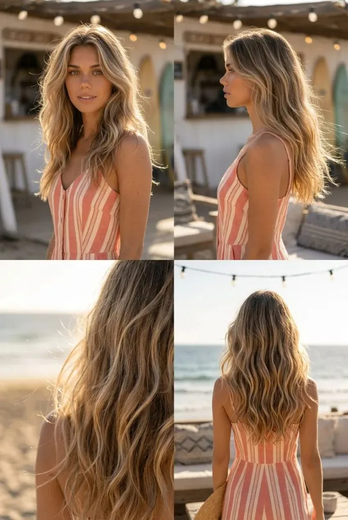 Four-panel view of long sun-bleached beach waves, sandy blonde with darker roots, coral and cream striped tank dress, beach bar with string lights and surfboards — laid-back, California-cool, golden