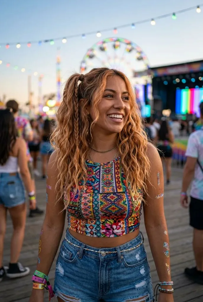 Festival-goer with wavy auburn pigtails, colorful printed crop top, denim shorts, glitter body art, ferris wheel and stage lights in background — vibrant, joyful, festival-ready
