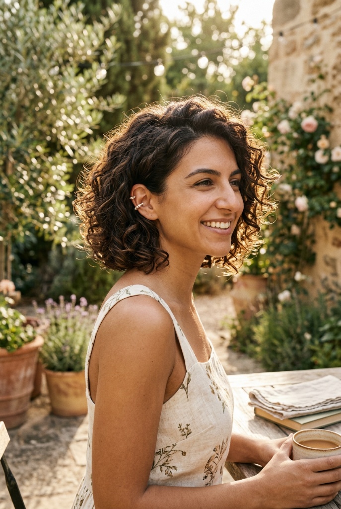 Short curly brunette bob on a woman smiling in a Mediterranean garden with terracotta pots and roses — warm, joyful, effortless