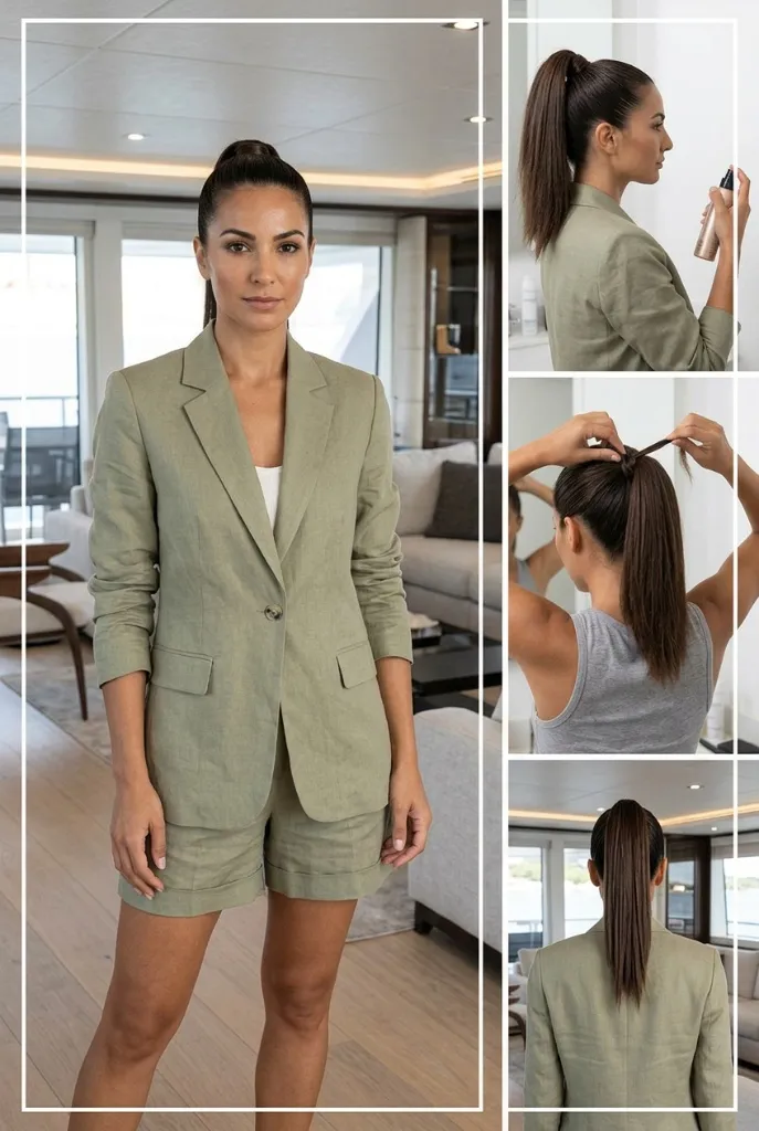 Polished power ponytail tutorial style collage, sleek high ponytail with hair-wrapped base, sage green blazer, professional yacht interior