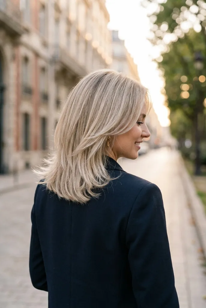 Blonde shoulder-length hair with flipped ends, woman walking on Parisian street in navy blazer