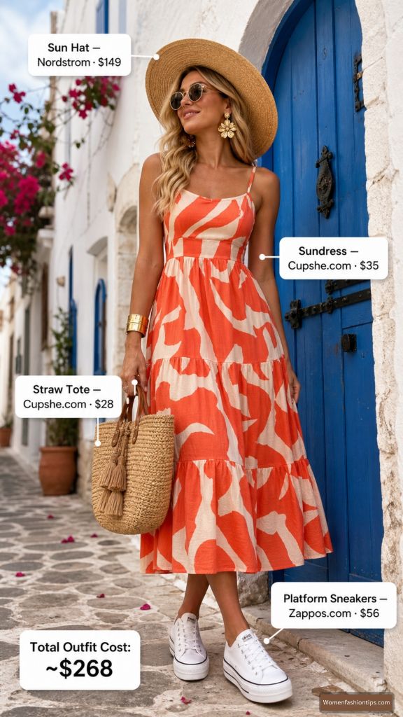 Bold Orange Sundress Mediterranean Escape