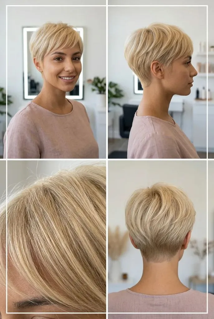 Classic blonde pixie cut with feathered layers shown from four angles in a minimalist white salon