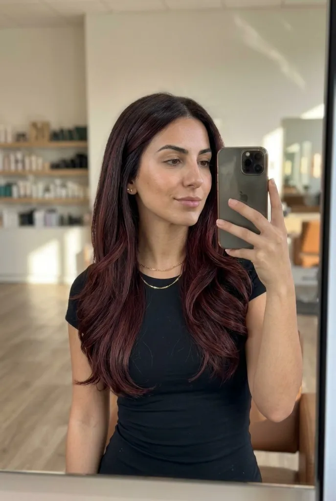 Long dark burgundy wine-colored hair with glossy waves and subtle ombre