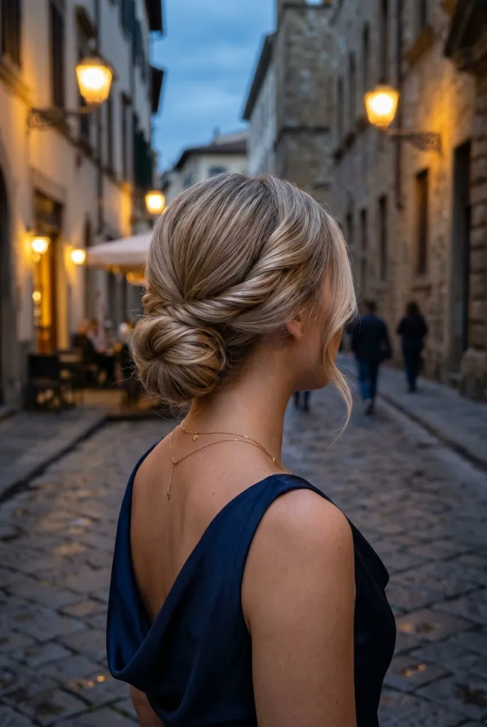 Twisted low bun with blonde highlighted hair in a loosely wrapped chignon, navy blue low-back dress, European cobblestone street at dusk — sophisticated continental vibe
