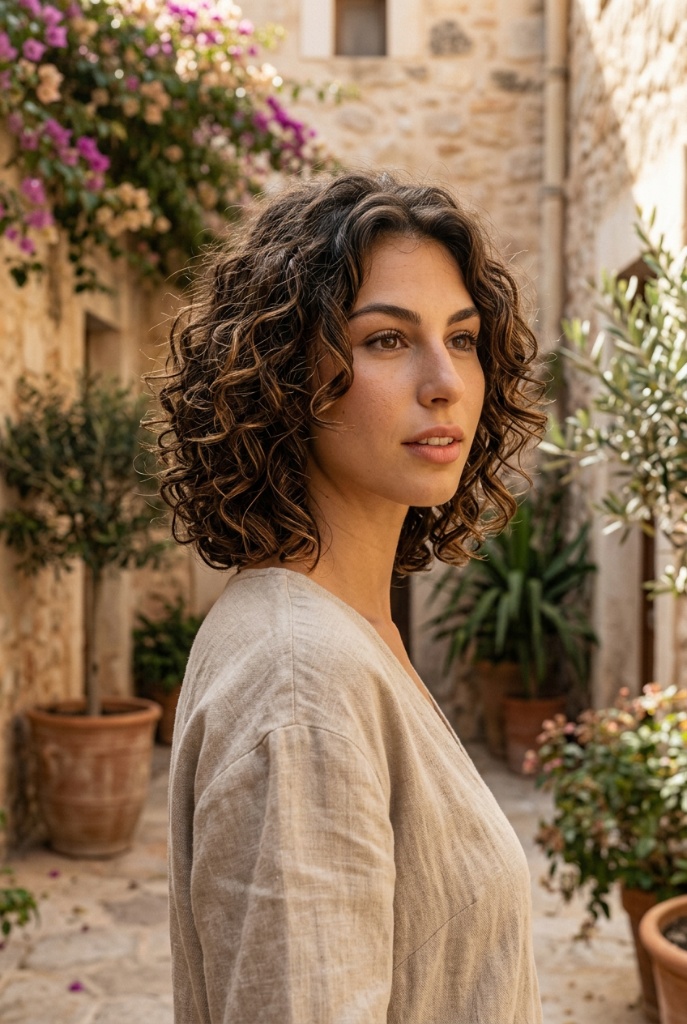 Shoulder-length curly bob with brunette tones in a Mediterranean stone courtyard with olive trees and bougainvillea — effortless, warm, natural