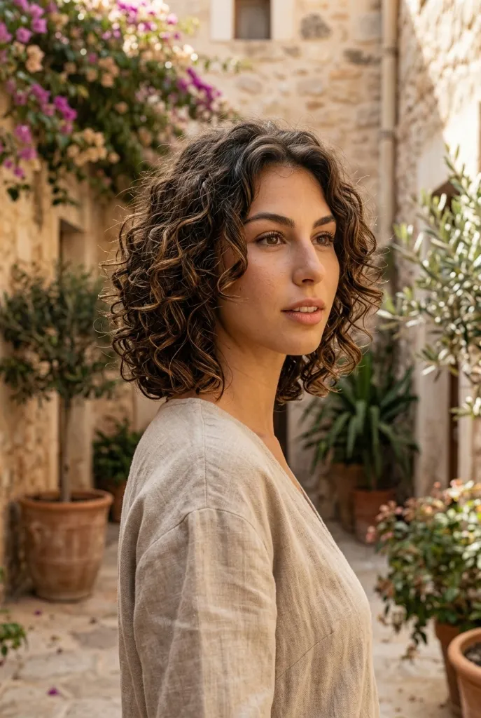 Shoulder-length curly bob with brunette tones in a Mediterranean stone courtyard with olive trees and bougainvillea — effortless, warm, natural