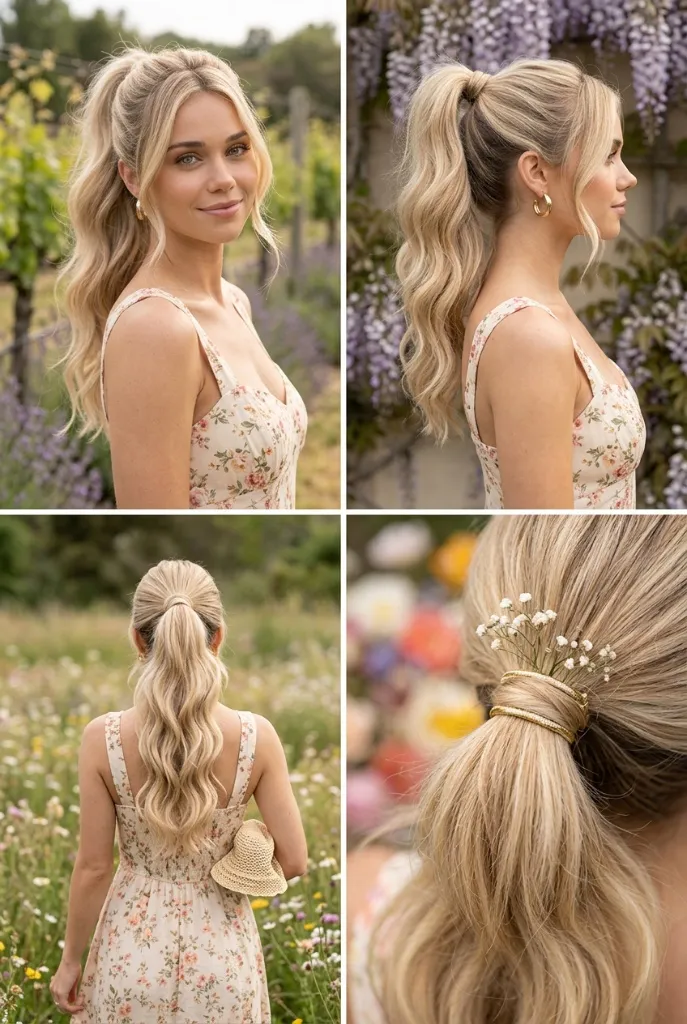 Buttercream blonde wavy ponytail from four angles, warm golden blonde hair in a romantic high ponytail with face-framing waves, floral sundress in a wildflower meadow