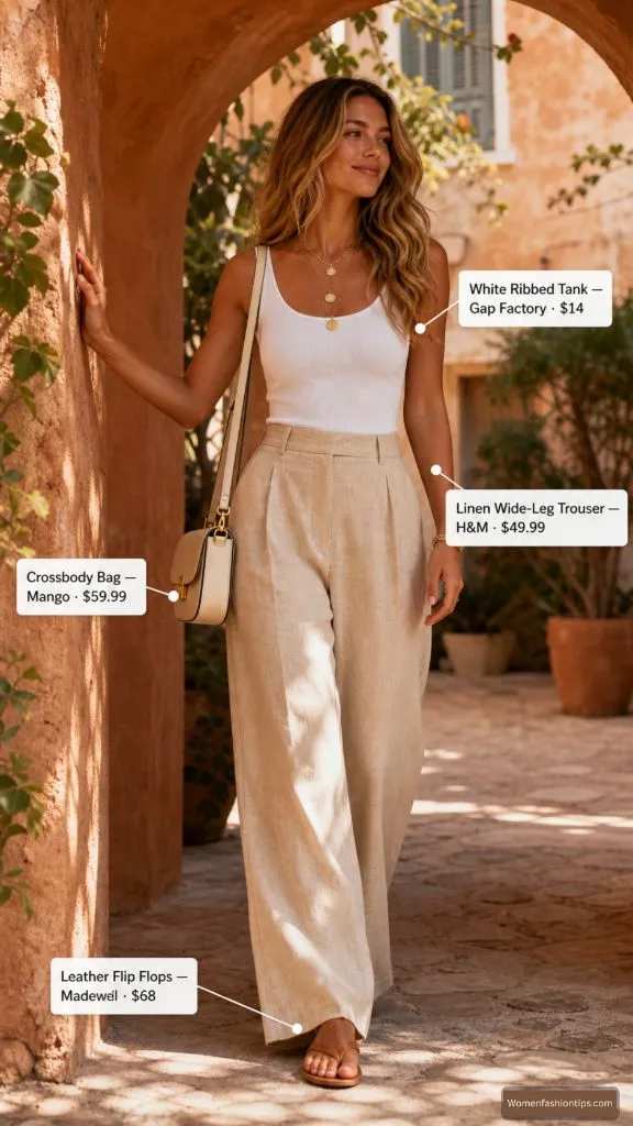 White Tank and Linen Trousers