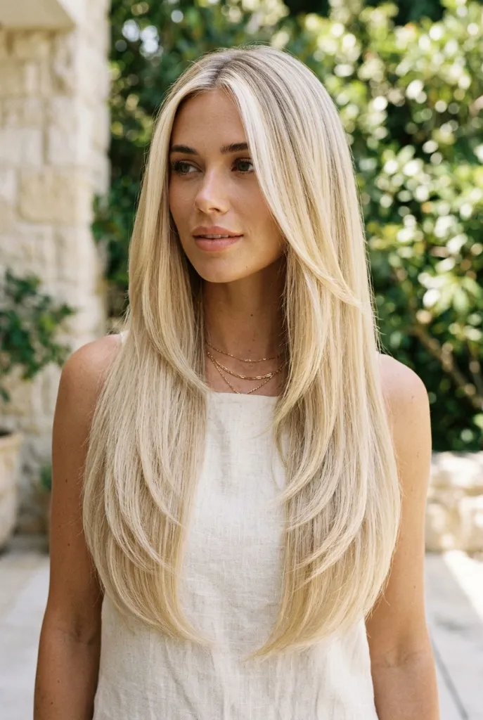 Icy Vanilla Long Blonde Hair 2026 Very long platinum vanilla blonde straight hair against an outdoor green background