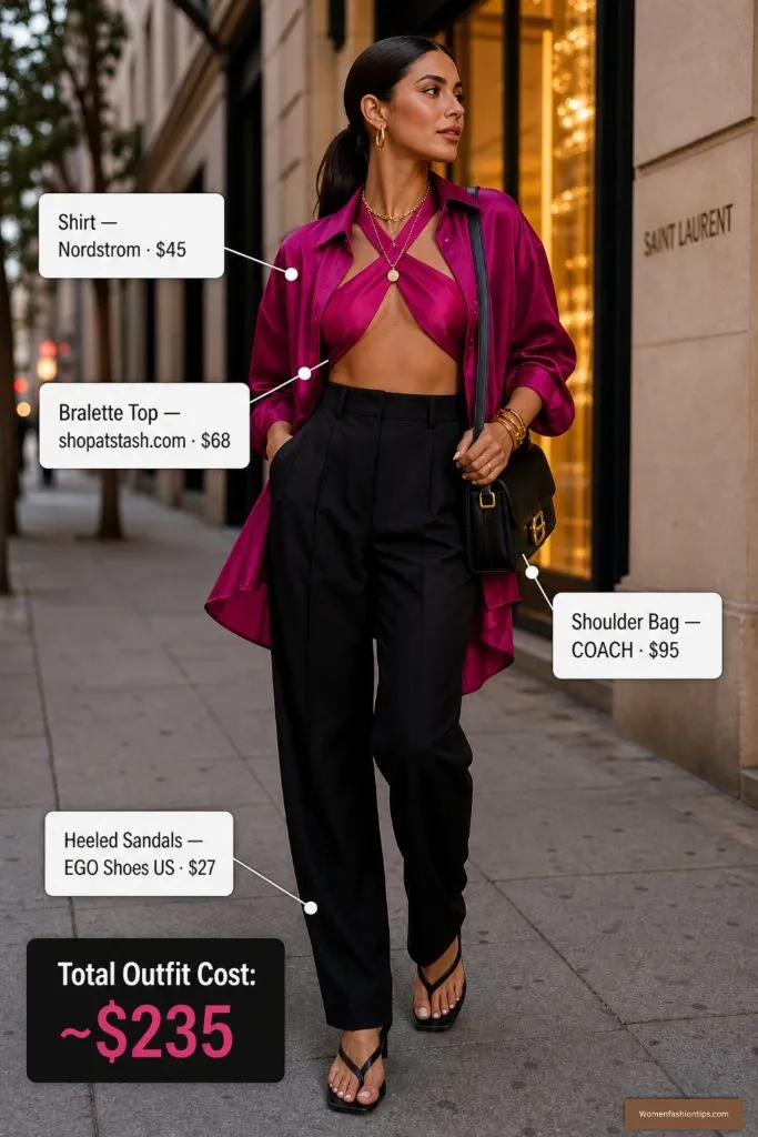 Magenta silk shirt with bralette and black trousers