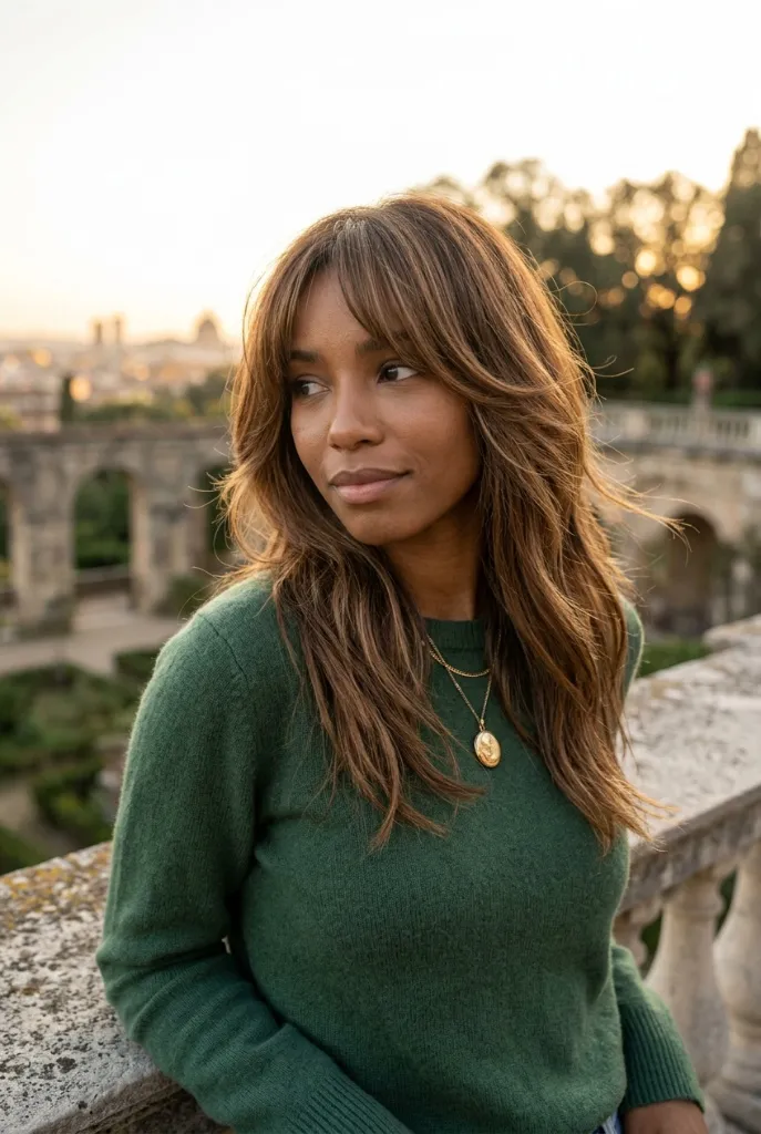 Auburn Curtain Wave Brunette Hair Color Summer 2026 Long auburn-toned brunette waves with curtain bangs and warm copper highlights outdoors at golden hour