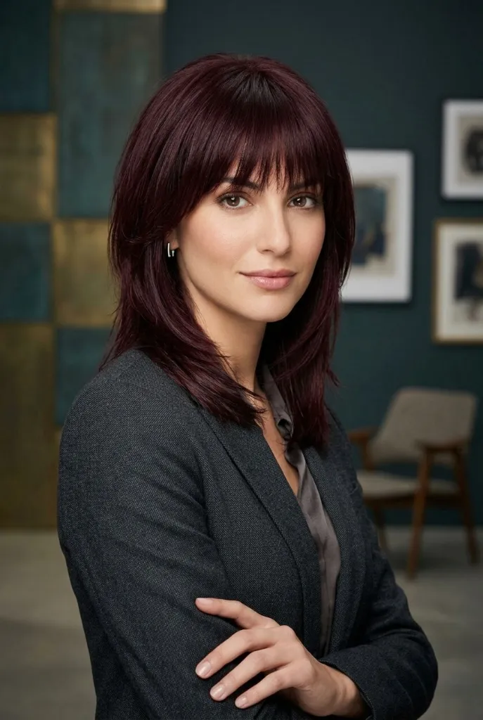 Medium-length deep burgundy shag with full bangs in a professional office setting
