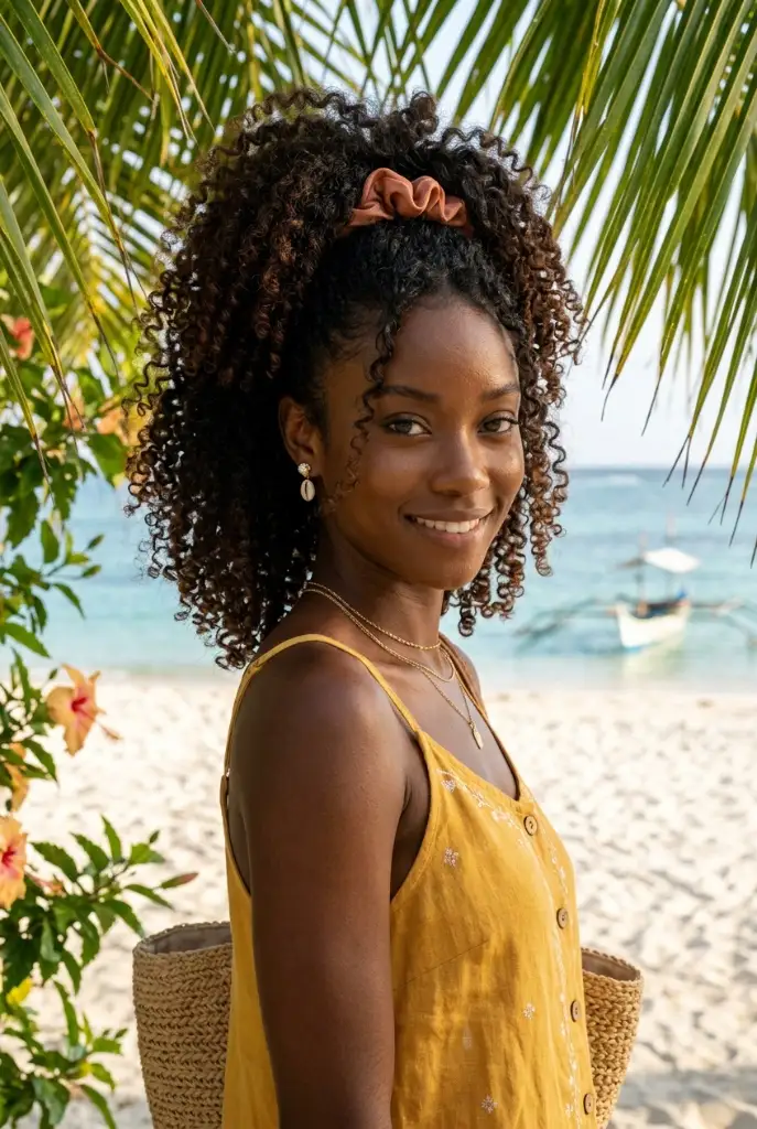 Pineapple curly high ponytail with natural curls, yellow sundress on a tropical beach, joyful summer energy