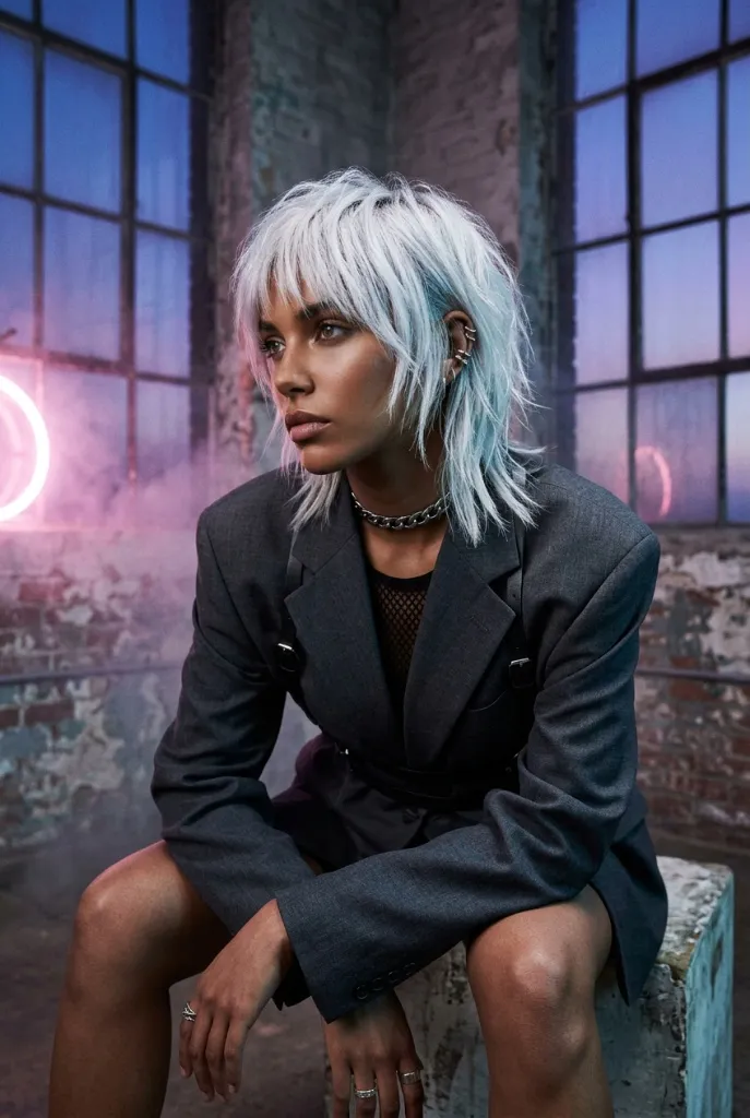 Short icy white-blue shag with heavy bangs and textured layers in a neon-lit industrial space