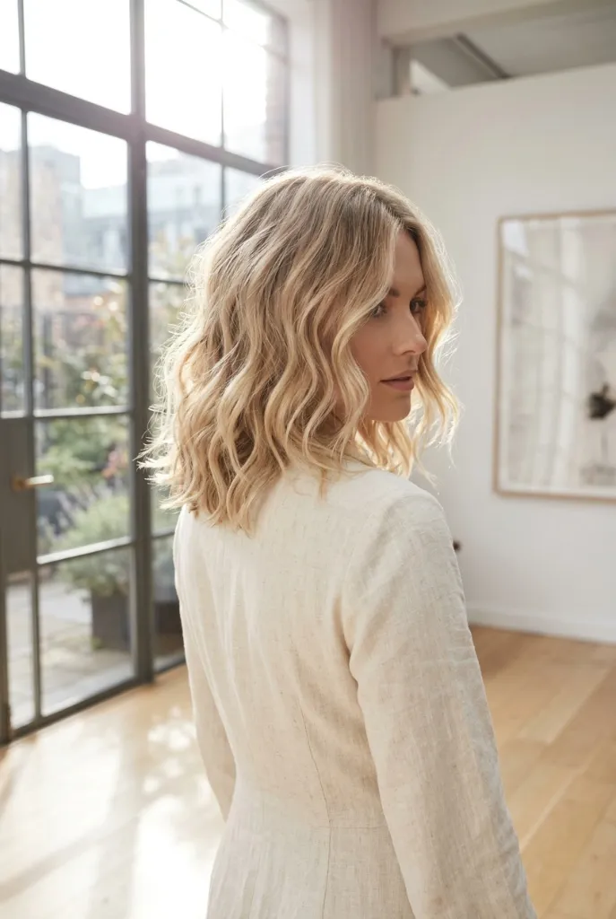 Shoulder-length wavy blonde lob with warm beachy highlights