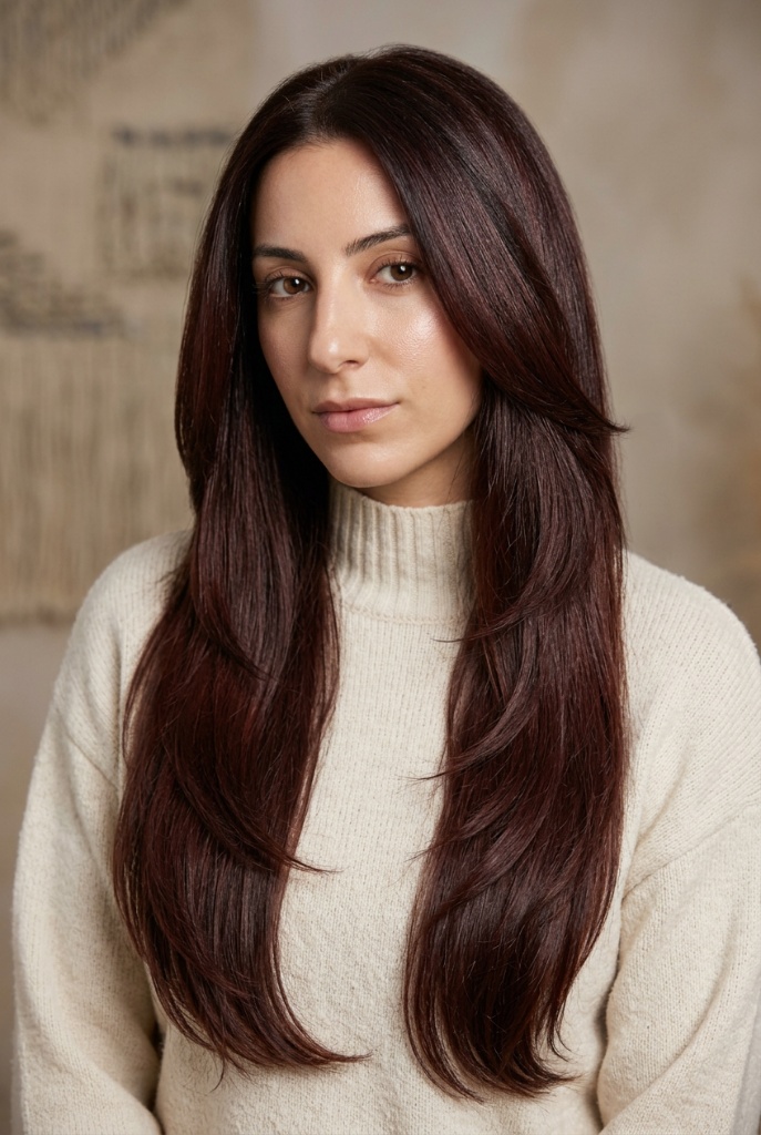 Mahogany Mane Long Brunette Summer 2026 Long mahogany brunette hair with subtle red undertones and soft layers