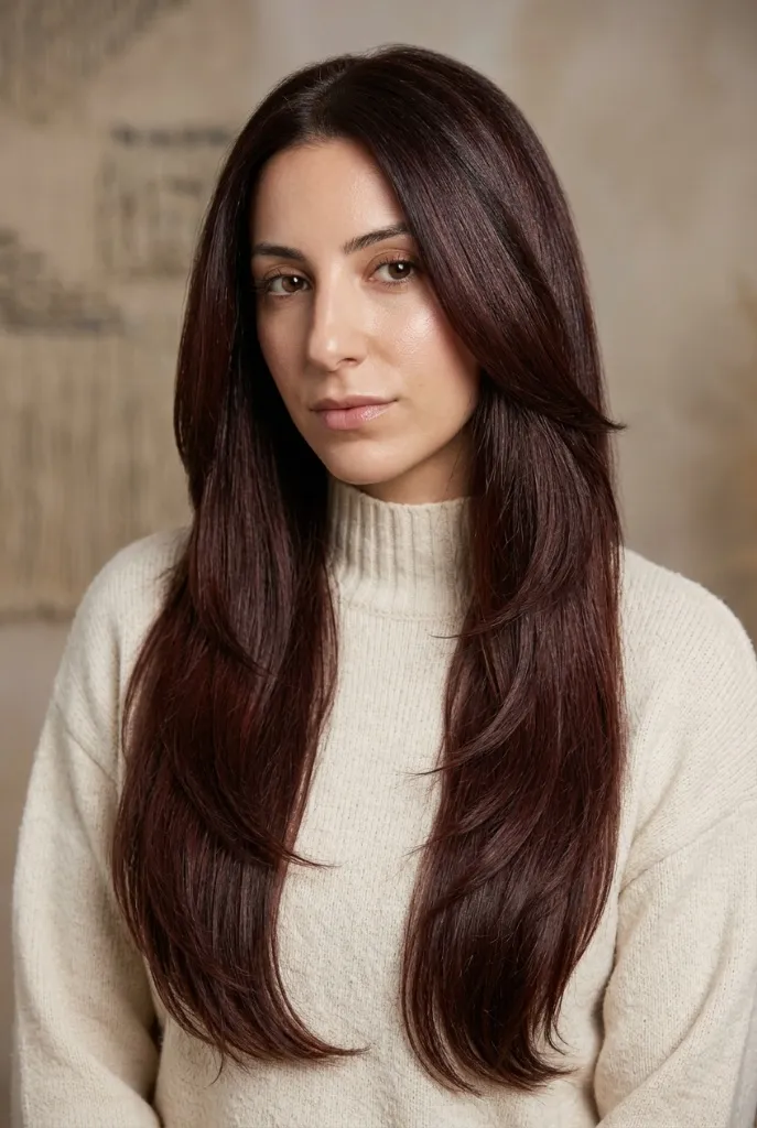 Mahogany Mane Long Brunette Summer 2026 Long mahogany brunette hair with subtle red undertones and soft layers