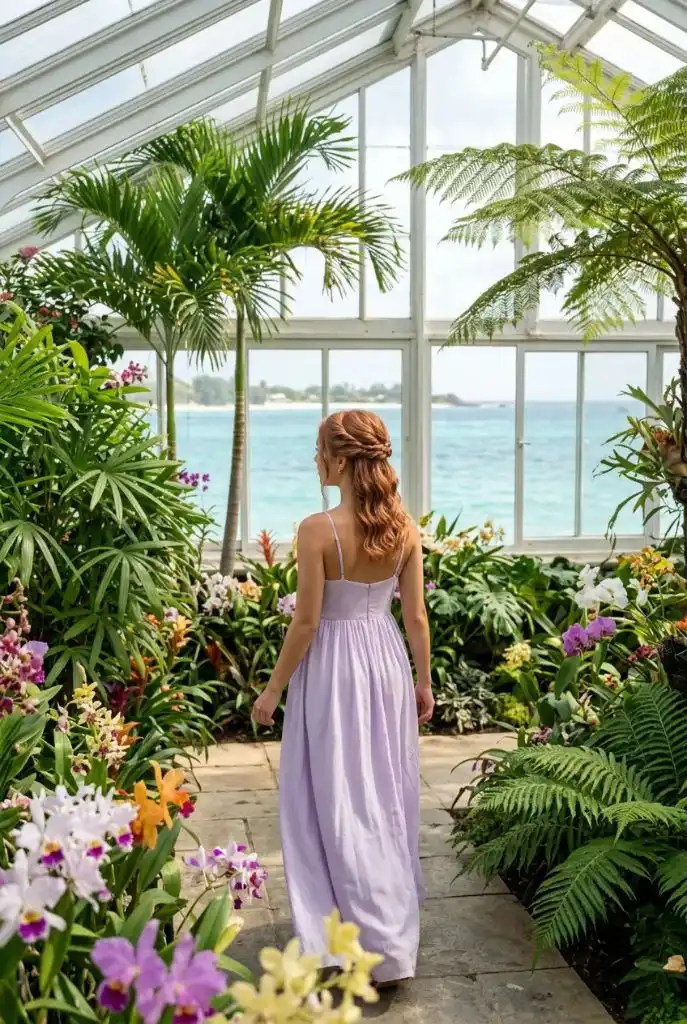 Woman with auburn red hair in romantic braided half-up style, lavender maxi dress, walking through a glass greenhouse filled with orchids and tropical plants, ocean visible through windows — dreamy, whimsical, botanical